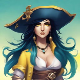 A pirate sea elf with blue skin, black hair, and yellow eyes