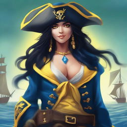 A pirate sea elf with blue skin, black hair, and yellow eyes