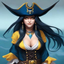 A pirate sea elf with blue skin, black hair, and yellow eyes