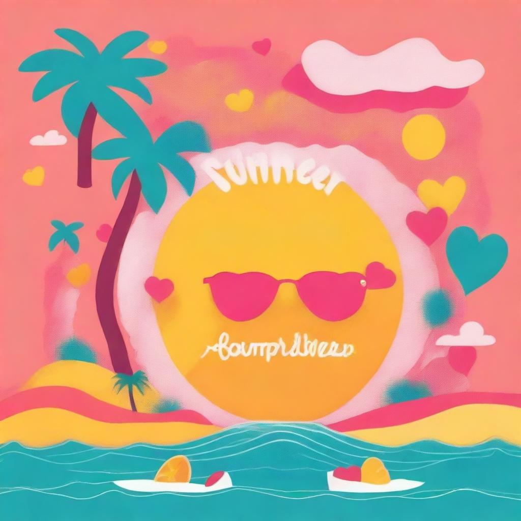 Create a vibrant and funky cover titled 'Summer Love' with a mix of warm colors like yellow, orange, and pink