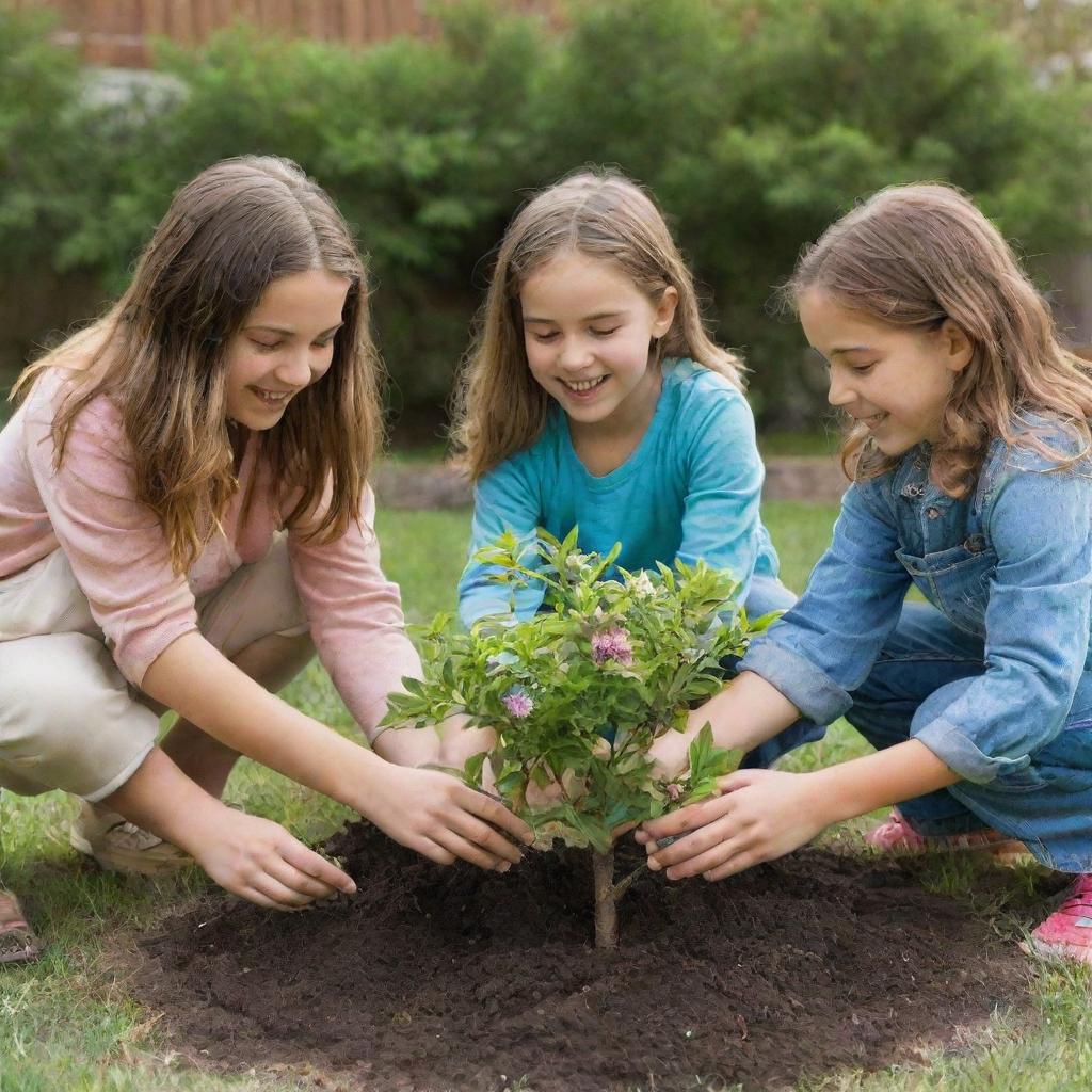 Three young girls, full of collaboration and cheer, helping each other to plant a vibrant tree in a well-cared-for garden with diverse plants and flowers.