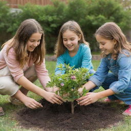 Three young girls, full of collaboration and cheer, helping each other to plant a vibrant tree in a well-cared-for garden with diverse plants and flowers.