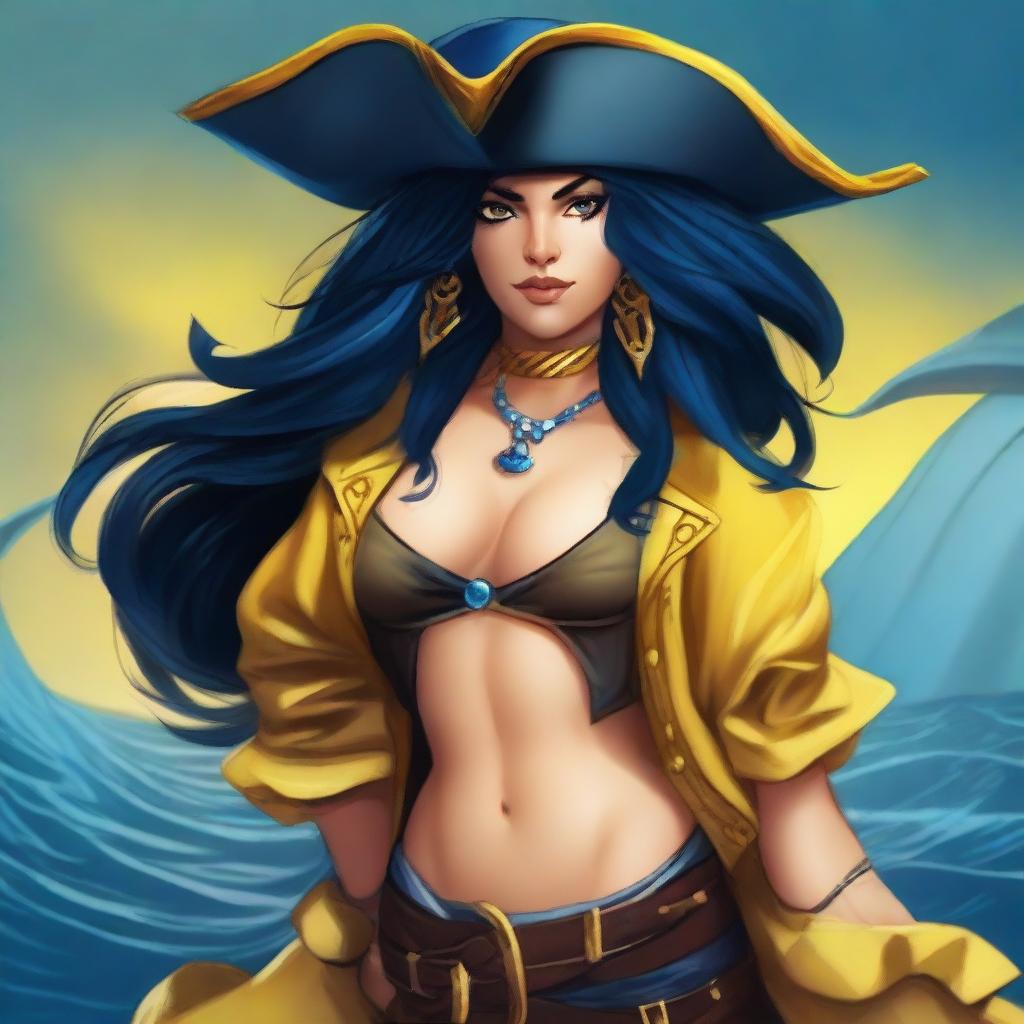 A pirate triton with blue skin and black hair