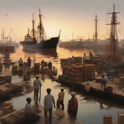 A conceptual art piece featuring a sunset over a bustling cargo port with laborers, including child laborers in a mangrove setting