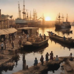 A conceptual art piece featuring a sunset over a bustling cargo port with laborers, including child laborers in a mangrove setting