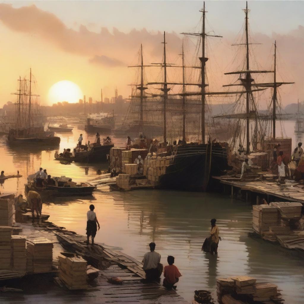 A conceptual art piece featuring a sunset over a bustling cargo port with laborers, including child laborers in a mangrove setting