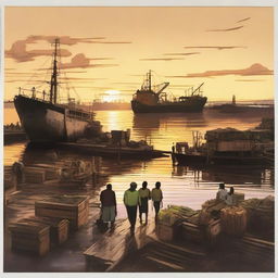 A conceptual art piece featuring a sunset over a bustling cargo port with laborers, including child laborers in a mangrove setting