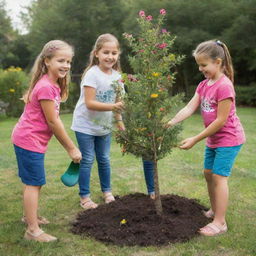 Three young girls, full of collaboration and cheer, helping each other to plant a vibrant tree in a well-cared-for garden with diverse plants and flowers.