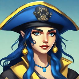 A pirate elf with blue skin and black hair