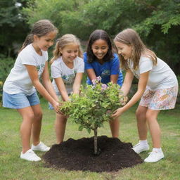 Three young girls, full of collaboration and cheer, helping each other to plant a vibrant tree in a well-cared-for garden with diverse plants and flowers.