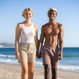 A beautiful, curvy 40-year-old woman with fair skin, short straight blonde hair, holding hands with a young, attractive, slim 21-year-old man with brown skin