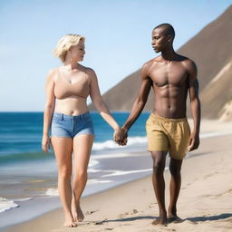 A beautiful, curvy 40-year-old woman with fair skin, short straight blonde hair, holding hands with a young, attractive, slim 21-year-old man with brown skin