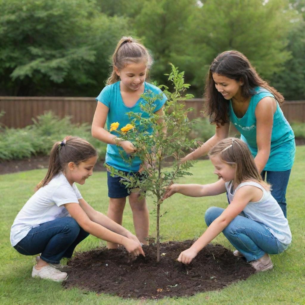 Three young girls, full of collaboration and cheer, helping each other to plant a vibrant tree in a well-cared-for garden with diverse plants and flowers.