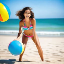 A girl wearing a bikini playing with a beach ball on a sunny beach