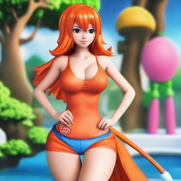 An Asian girl cosplaying as Nami from One Piece, posing in a playful and flirtatious manner