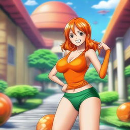 An Asian girl cosplaying as Nami from One Piece, posing in a playful and flirtatious manner