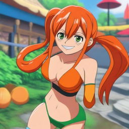 An Asian girl cosplaying as Nami from One Piece, posing in a playful and flirtatious manner