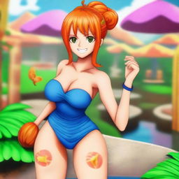 An Asian girl cosplaying as Nami from One Piece, posing in a playful and flirtatious manner