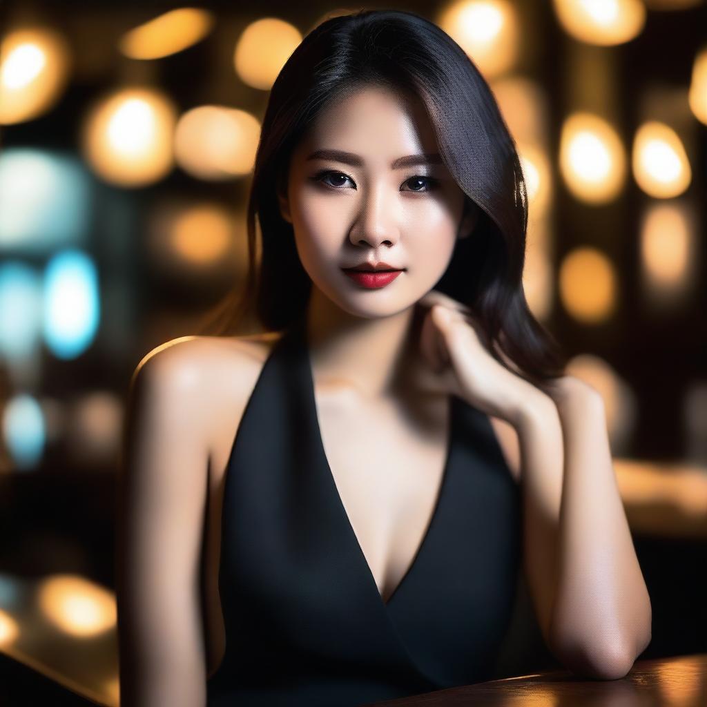 An Asian girl who is a hot model posing in a stylish bar with background lighting