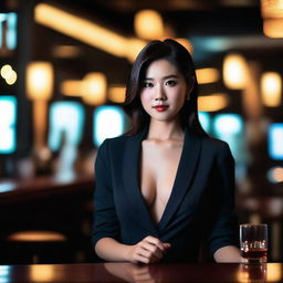 An Asian girl who is a hot model posing in a stylish bar with background lighting