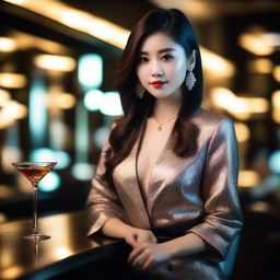 An Asian girl who is a hot model posing in a stylish bar with background lighting