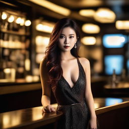 An Asian girl who is a hot model posing in a stylish bar with background lighting