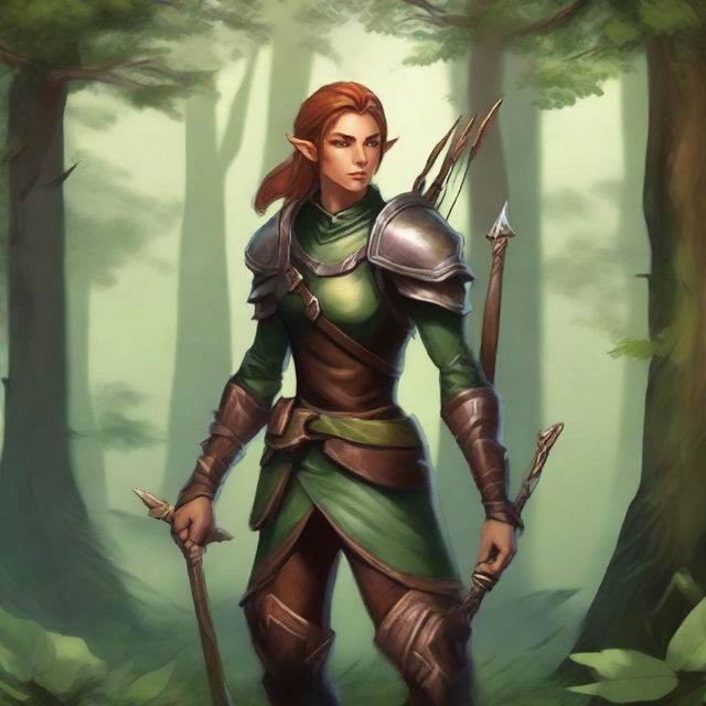 A copper-skinned wood elf ranger standing in a lush forest