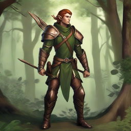 A copper-skinned wood elf ranger standing in a lush forest