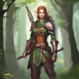 A copper-skinned wood elf ranger standing in a lush forest