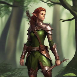 A copper-skinned wood elf ranger standing in a lush forest