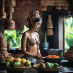 A Balinese girl with traditional Balinese carvings on her head, wearing a bikini, cooking in a kitchen