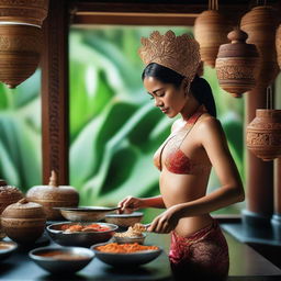 A Balinese girl with traditional Balinese carvings on her head, wearing a bikini, cooking in a kitchen