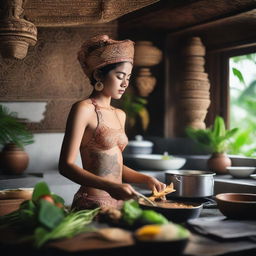 A Balinese girl with traditional Balinese carvings on her head, wearing a bikini, cooking in a kitchen