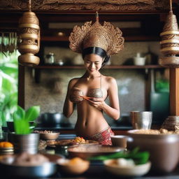 A Balinese girl with traditional Balinese carvings on her head, wearing a bikini, cooking in a kitchen