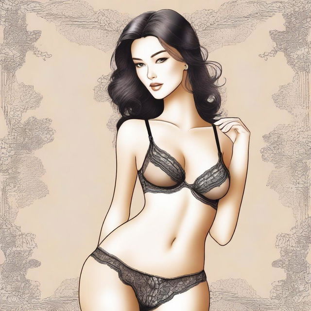 A detailed and elegant illustration of sexy lingerie, featuring lace and satin textures