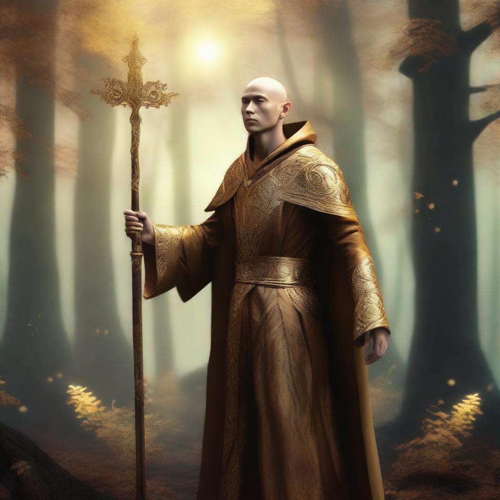 A male, copper-skinned wood elf wearing gold monk robes, standing in a serene forest