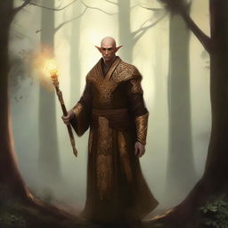 A male, copper-skinned wood elf wearing gold monk robes, standing in a serene forest