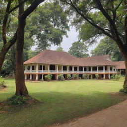 A serene and peaceful Acharyakulam, a traditional Indian Gurukul setup in a natural environment with ancient architectural buildings, lush green surroundings, and students engaged in educational activities.