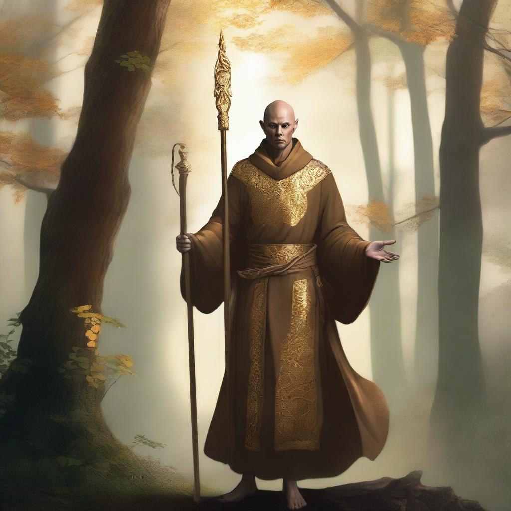 A male, copper-skinned wood elf wearing gold monk robes, standing in a serene forest