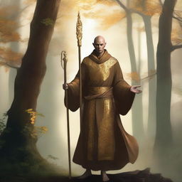 A male, copper-skinned wood elf wearing gold monk robes, standing in a serene forest