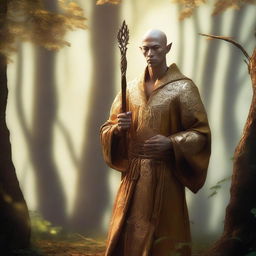 A male, copper-skinned wood elf wearing gold monk robes, standing in a serene forest