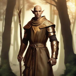 A male, copper-skinned wood elf wearing gold monk apprentice clothing, standing in a tranquil forest