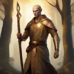 A male, copper-skinned wood elf wearing gold monk apprentice clothing, standing in a tranquil forest