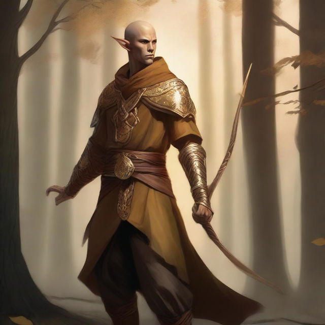 A male, copper-skinned wood elf wearing gold monk apprentice clothing, standing in a tranquil forest