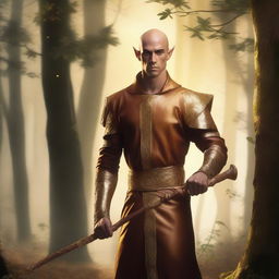 A male, copper-skinned wood elf wearing gold monk apprentice clothing, standing in a tranquil forest