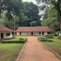 A serene and peaceful Acharyakulam, a traditional Indian Gurukul setup in a natural environment with ancient architectural buildings, lush green surroundings, and students engaged in educational activities.