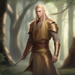 A male, copper-skinned wood elf with long, braided blonde hair, wearing gold monk apprentice clothing and no armor