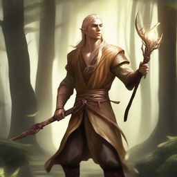 A male, copper-skinned wood elf with long, braided blonde hair, wearing gold monk apprentice clothing and no armor