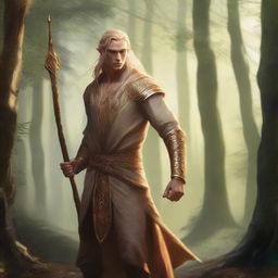 A male, copper-skinned wood elf with long, braided blonde hair, wearing gold monk apprentice clothing and no armor