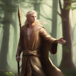 A male, copper-skinned wood elf with long, braided blonde hair, wearing gold monk apprentice clothing and no armor